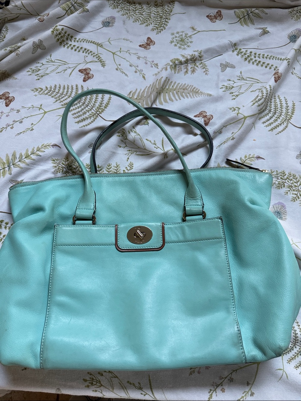 kate spade Mint Blue Leather Tote with Turn-Lock Detail